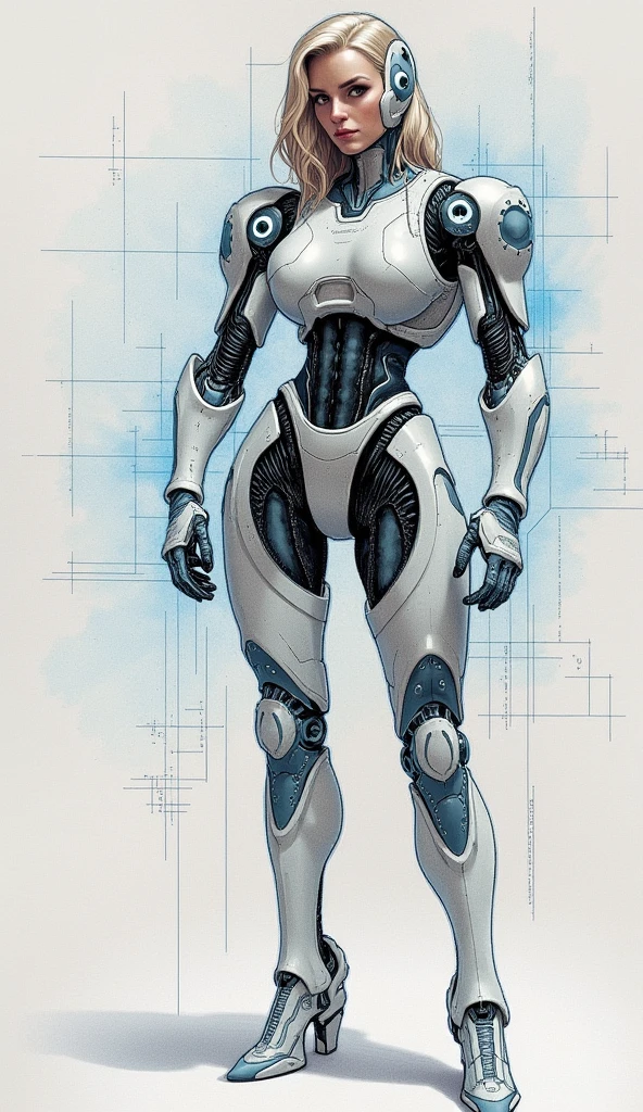 in the sketch, draw the overall silhouette with clean, flowing lines. Use shading to highlight textures and layers. Show the different adjustment options and functionality. Add notes on fabrics and technological details for a more futuristic touch.