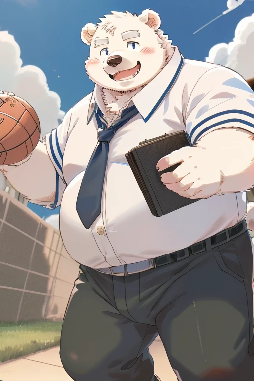 Gained weight、Being overweight、Bear Beast Man、Polar bear、fur、Fluffy、cute、blush、smile、(Low angle)(student、Wearing black clothing、Wearing gakuran、Black trousers、School uniform、School）(Play catch)