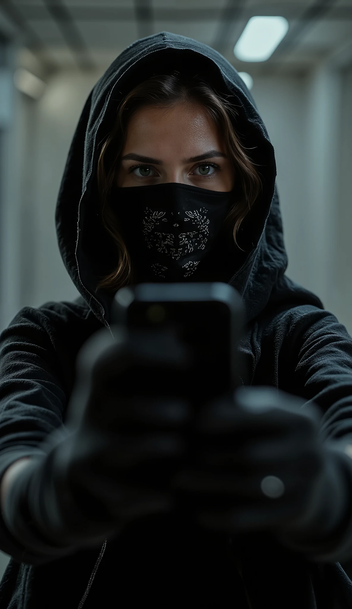 Scarlett Johnson qui porte une cagoule avec deux trou niveau des yeux et qui porte des gants avec un pistolet et elle tue une femme dans une chambre