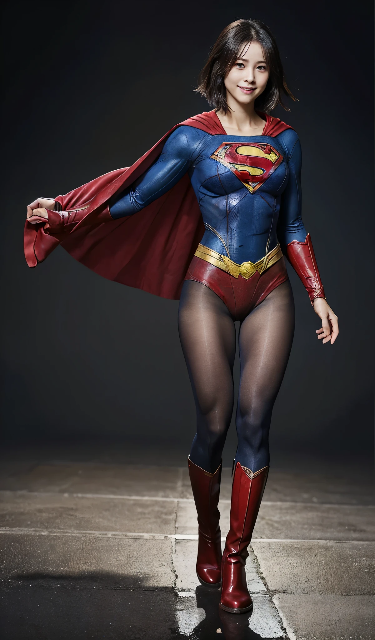 No background、(((Beautiful legs in black tights.)))、(((Legally Express the Beauty of Your Smile)))、((((Make the most of your original images)))、((( Supergirl Costume)))、(((Beautiful short bob hair)))、(((suffering)))、(((Please wear black tights....、Wear red boots)))、((Highest quality、8k))、((Best Quality、8k、masterpiece:1.3))、(((Save Background )))、Sharp focus:1.2、  Beautiful Woman with Perfect Figure :1.4、Thin abdominal muscles:1.2、Wet body:1.5、 highly detailed face and skin textures、8k