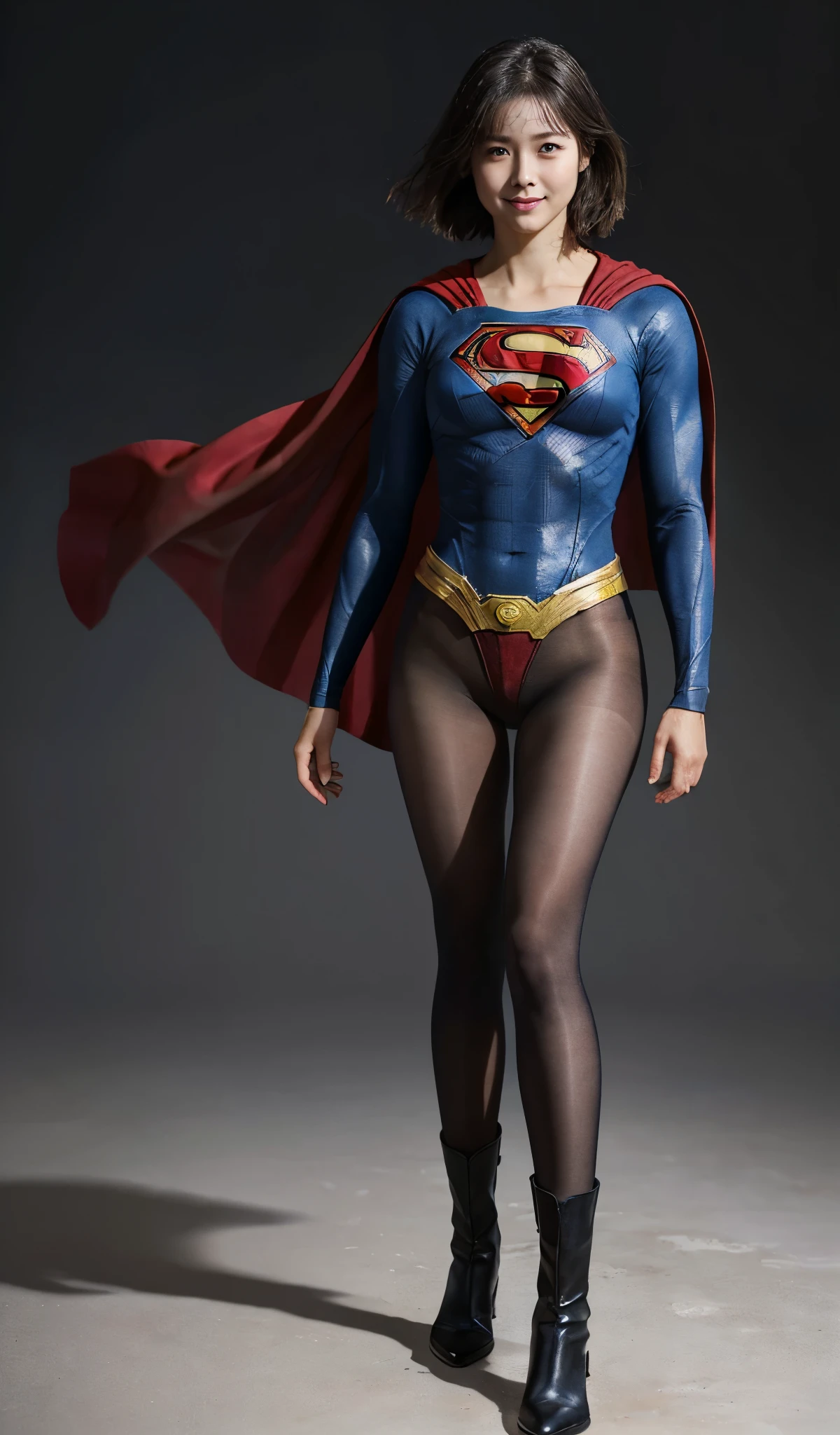 No background、(((Beautiful legs in black tights.)))、(((Legally Express the Beauty of Your Smile)))、((((Make the most of your original images)))、((( Supergirl Costume)))、(((Beautiful short bob hair)))、(((suffering)))、(((Please wear black tights....、Wear red boots)))、((Highest quality、8k))、((Best Quality、8k、masterpiece:1.3))、(((Save Background )))、Sharp focus:1.2、  Beautiful Woman with Perfect Figure :1.4、Thin abdominal muscles:1.2、Wet body:1.5、 highly detailed face and skin textures、8k