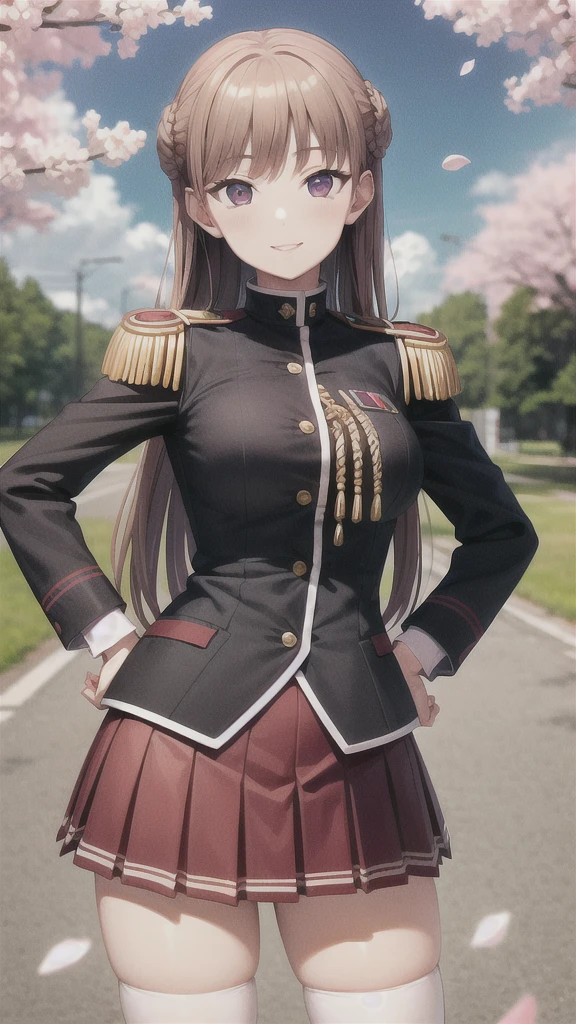 masterpiece, best quality, nmascot, epaulettes, uniform, pleated skirt, white thighhighs, medium breasts, looking at viewer, upper body, petals, cherry blossoms, light smile, sky, clouds, hands on hips, beautiful hands   