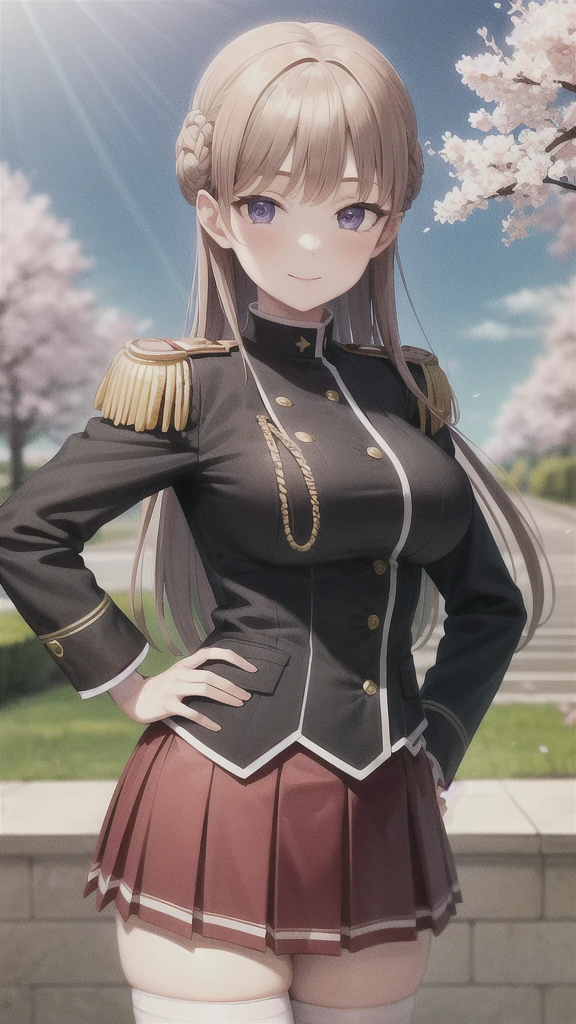 masterpiece, best quality, nmascot, epaulettes, uniform, pleated skirt, white thighhighs, medium breasts, looking at viewer, upper body, petals, cherry blossoms, light smile, sky, clouds, hands on hips, beautiful hands   