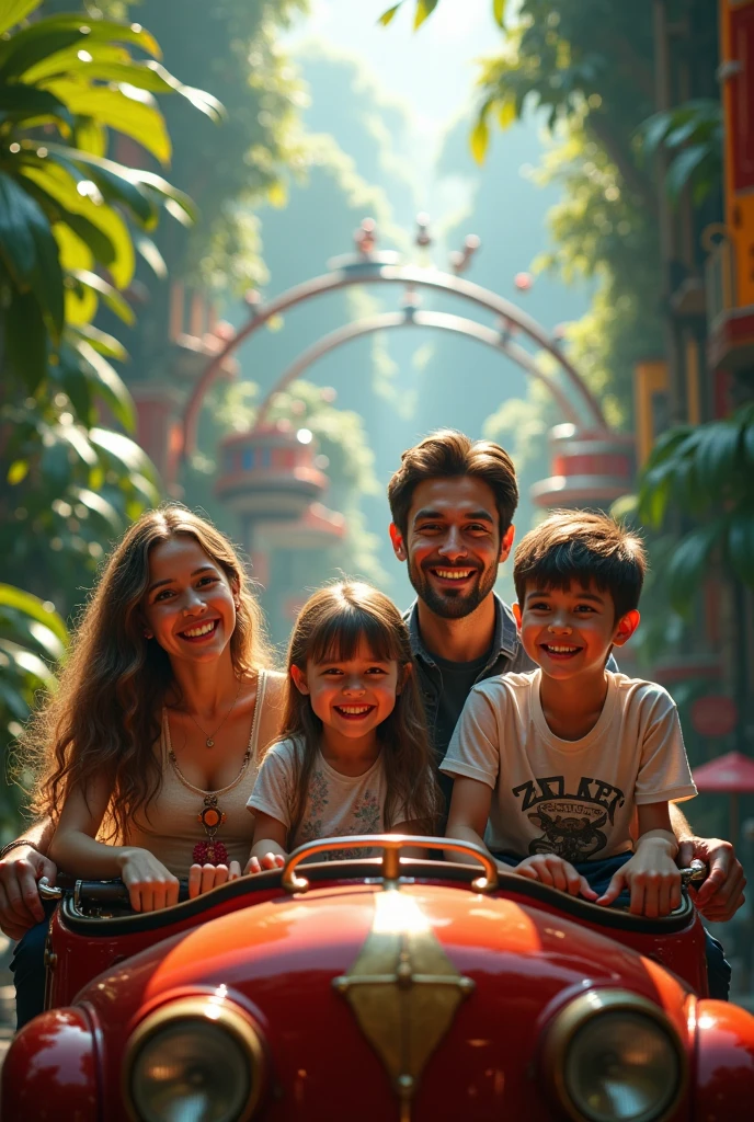 photorealistic of a family amusements on the jungle, scenery enjoyment, joy and happiness faces, excited expressions, intricate detailed