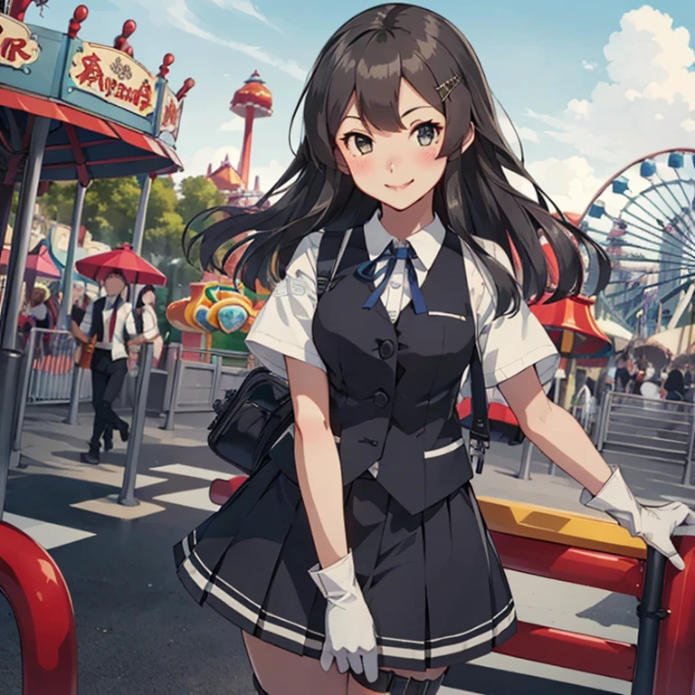 oyashio,hairclip,black vest,white shirt,blue ribbon,neck ribbon,short sleeves,black skirt,pleated skirt,white gloves,
(masterpiece:1.4),(best quality:1.4), (premium:1.4), (great illustration:1.4), (ultra-detailed:1.4),(art CG, 8K),1girl solo, KonishiCSA,full body, 
,(amusement park:1.4),blush,smile,