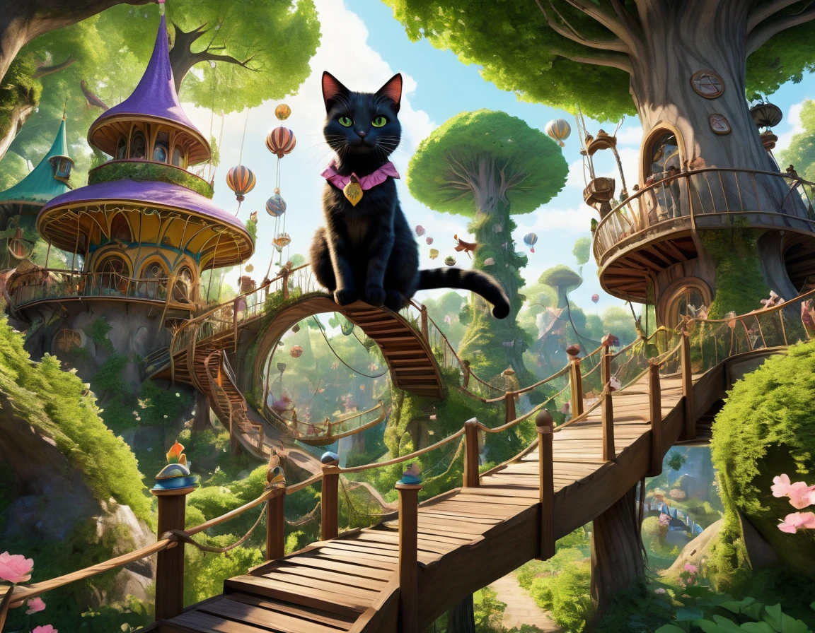 A magical forest amusement park with towering trees, winding paths, and hidden cat-themed attractions. Cat girls in woodland attire are guiding visitors through the park, and playful cat creatures are roaming freely among the trees, catgirl