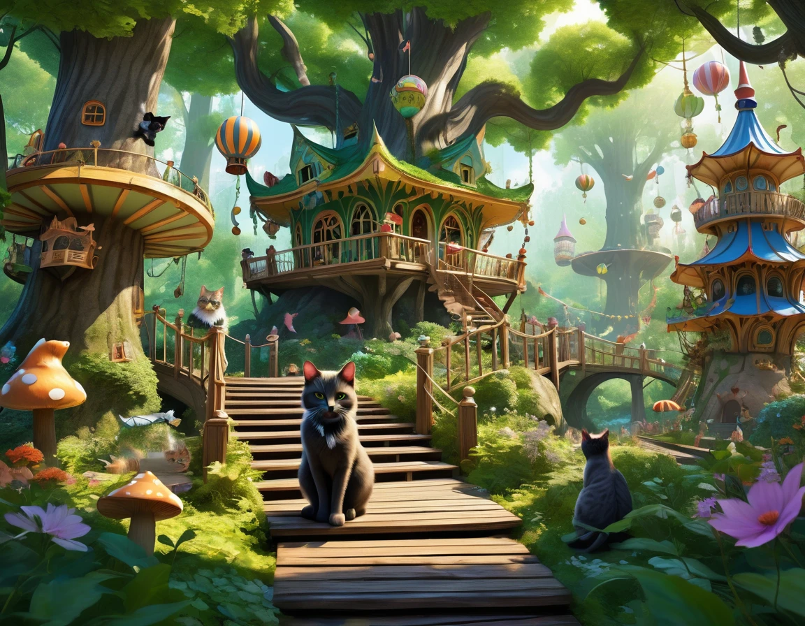 A magical forest amusement park with towering trees, winding paths, and hidden cat-themed attractions. Cat girls in woodland attire are guiding visitors through the park, and playful cat creatures are roaming freely among the trees, catgirl