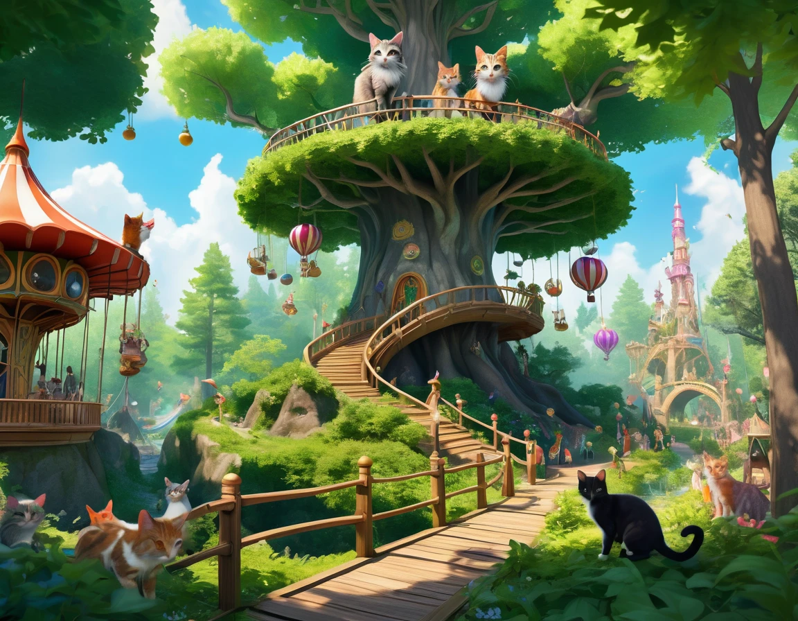 A magical forest amusement park with towering trees, winding paths, and hidden cat-themed attractions. Cat girls in woodland attire are guiding visitors through the park, and playful cat creatures are roaming freely among the trees, catgirl