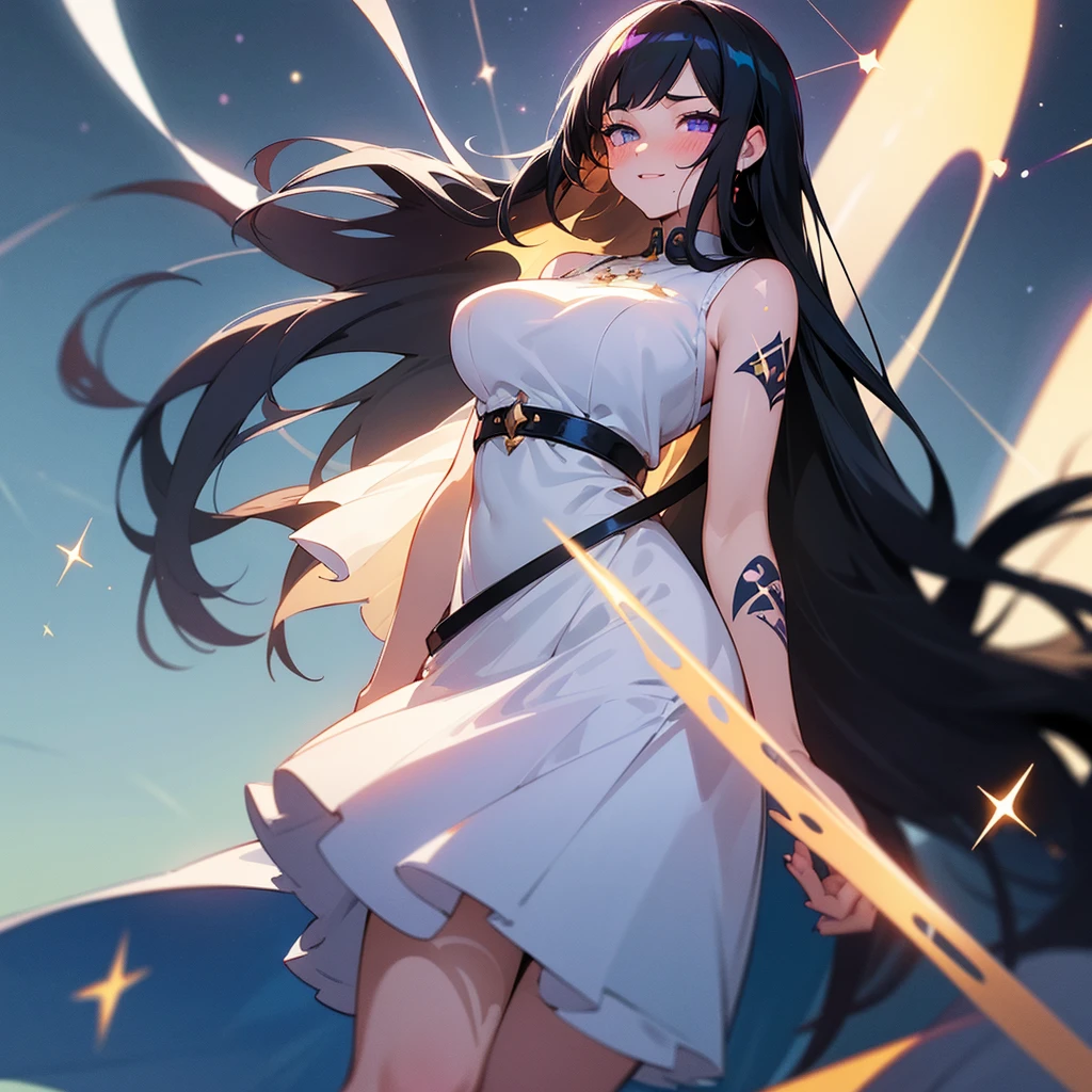 Long black hair　White sexy dress　Raising his arms to show his armpits　smile
