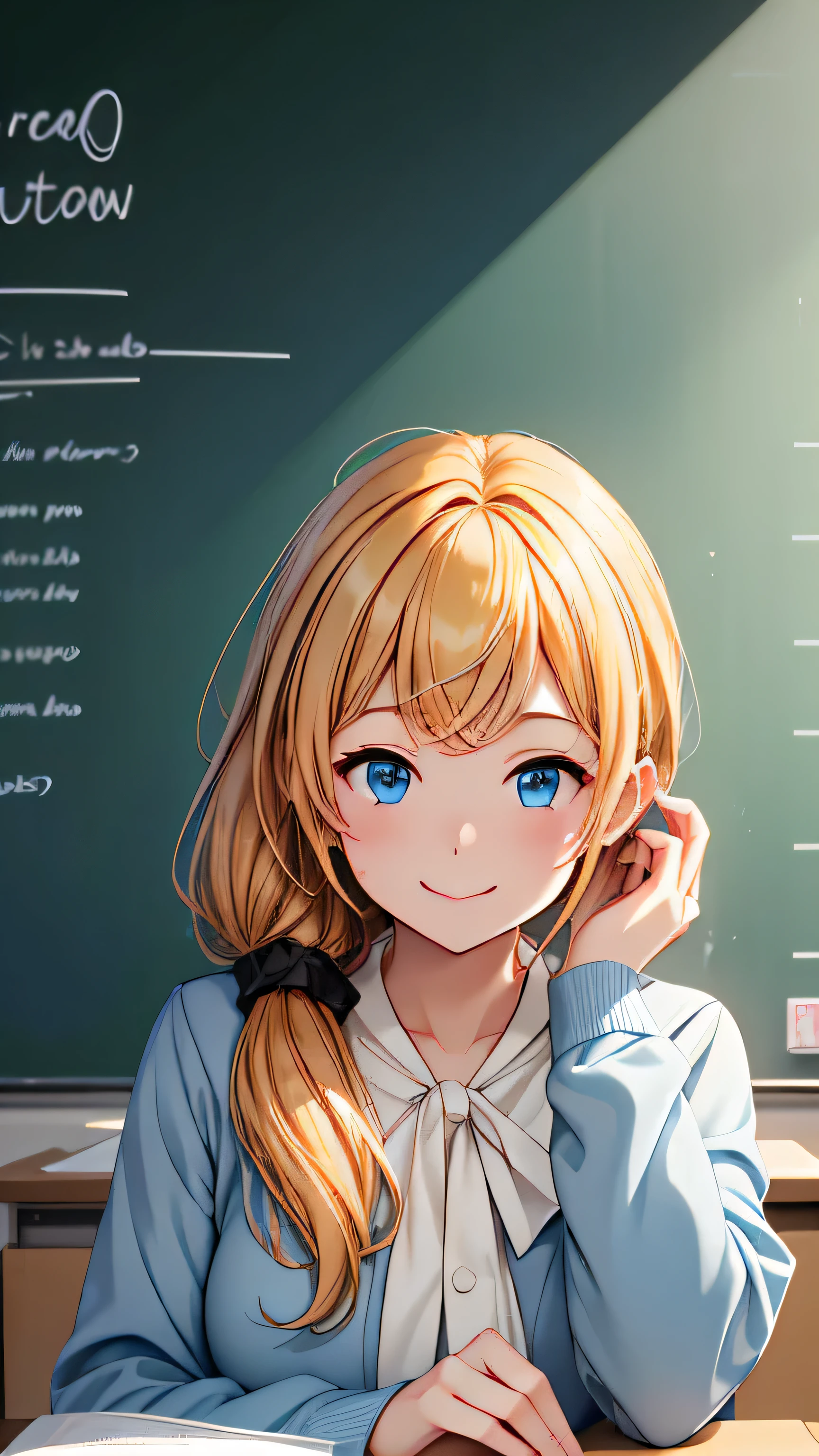 High resolution、High resolution、high quality、masterpiece、1 female、Ellen Baker、School teacher、blonde、blue eyes、nude photo、School classroom、Cute pose、blackboard、smile、((Depiction of only the upper body))、((Woman close up))