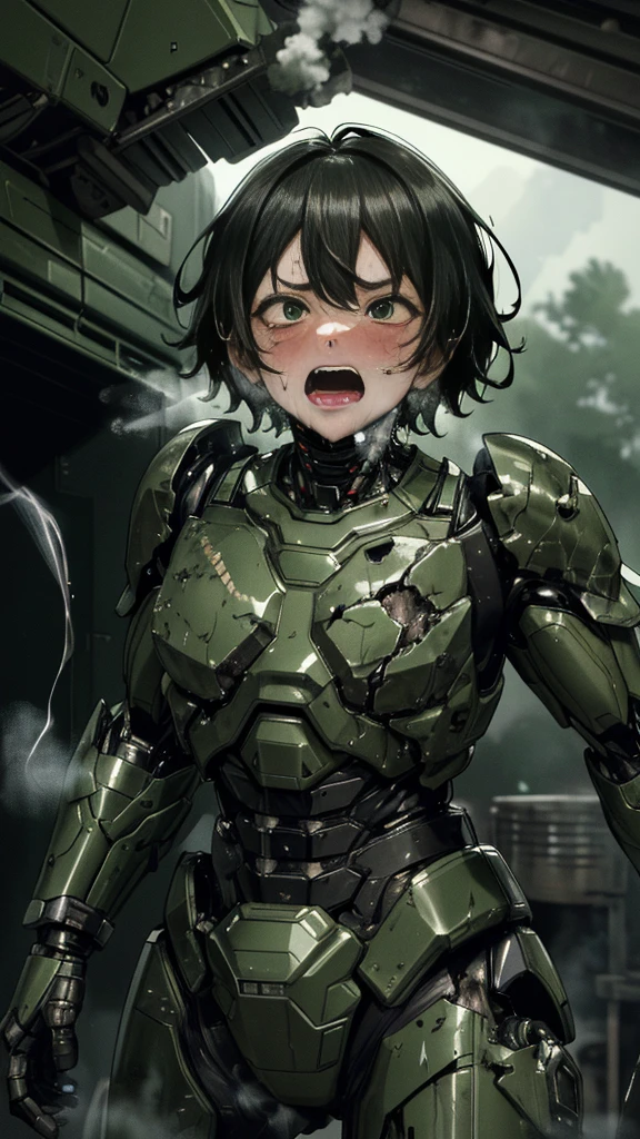 , Very detailed, Advanced Details, High image quality, 最High image quality, High resolution, 1080P 、smoke from wounds 　Green Armor、 wear green and black、cute((全身のSerious damage))( injured woman in robot suit...)()(Broken Armor)(( cracks all over ))(Black smoke from wounds ) Black Hair、 boyish short hair 、Torn Armor、 wet hair 、Open mouth and faint、(Steam from the bodyが上がる)Sweaty face、It hurts again、Serious damage、、Saliva dripping from the mouth、Female college student　　(Steam coming out of my face) ((Steam from the body)) look up　Saliva