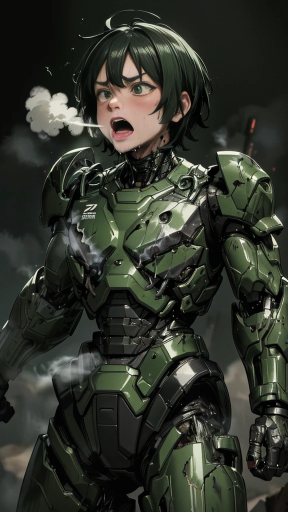 , Very detailed, Advanced Details, High image quality, 最High image quality, High resolution, 1080P 、smoke from wounds 　Green Armor、 wear green and black、cute((全身のSerious damage))( injured woman in robot suit...)()(Broken Armor)(( cracks all over ))(Black smoke from wounds ) Black Hair、 boyish short hair 、Torn Armor、 wet hair 、Open mouth and faint、(Steam from the bodyが上がる)Sweaty face、It hurts again、Serious damage、、Saliva dripping from the mouth、Female college student　　(Steam coming out of my face) ((Steam from the body)) look up　Saliva