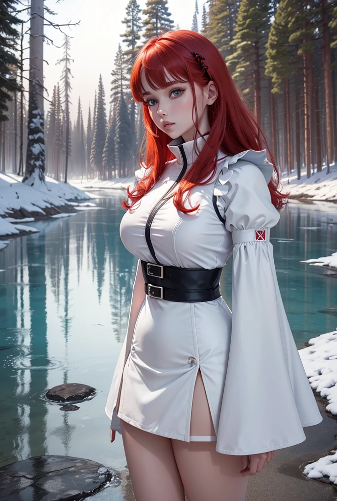 Ethereal anime, snowy tresses, from front, full body, shadowy canvas, manga enchantment, midnight aura, red hair contrast, fantasy-themed, radiant amber stare, dreamy visage, starlit backdrop, mysterious allure, shimmering highlights, twilight setting, pony tail.