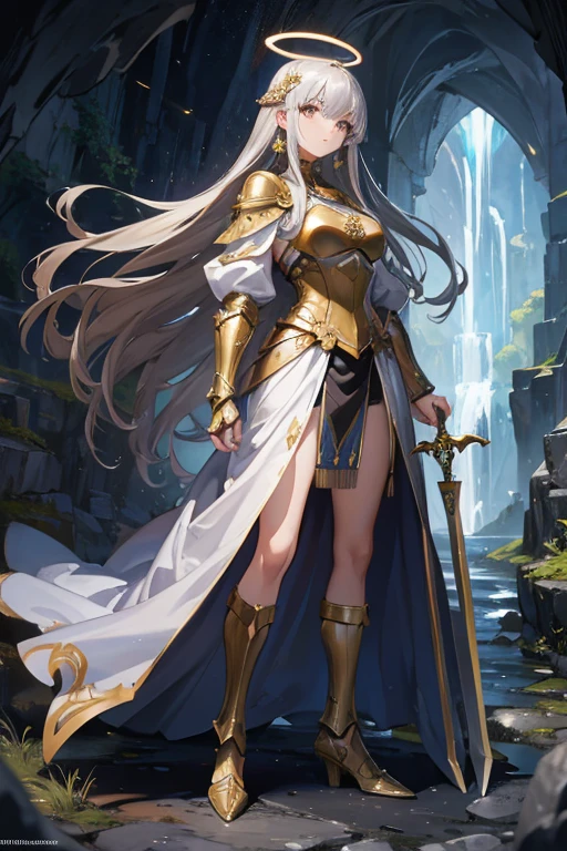 Girl with long silver hair, French braid and golden eyes，silver forehead protector，Chest，cleavage，Pitch black armor，Hand guard，Iron skirt，Bare Legs，Jet black iron boots，cross sword，Standing，moon，starry night