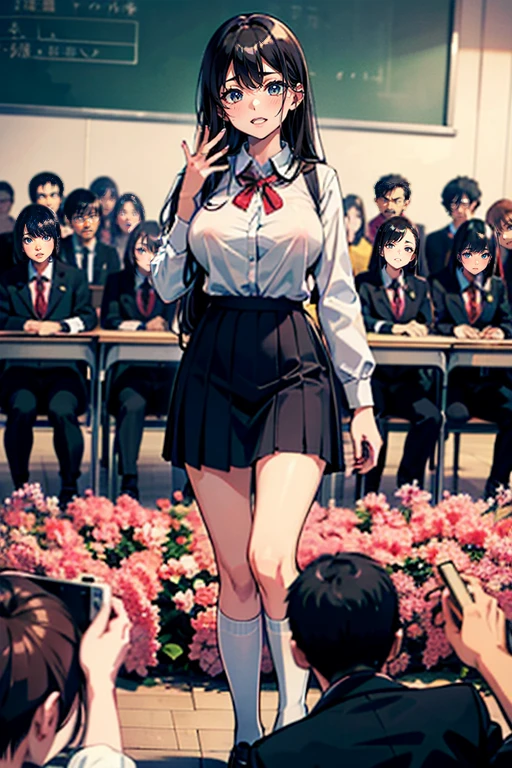 NSFW, A girl gets on all fours in front of a man'asterpiece, Best Quality, photographrealistic:1.4), (Shiny skin), (nffsw, 8K Wallpaper, High resolution), perfect anatomia, Cinematic lighting, Physically-based rendering, Award-winning, highlydetailed skin, extra detailed face, Eyes with beautiful details, Carl Zeiss 85mm F/1.4, (((1girl in and 1man, a couple, Habinan stands in front of a kneeling woman., Grab her head), Big , Girls looking forward to seeing , (Girl kneeling in front of guy:1.3), (Woman tilting her head up), Girl staring at , (1girl in: とてもかわいいsixteen years oldのアジア人の女の子, (Black semi-long hair, Bangs), medium breasts with cleavage, (View through thigh height), (hi-school girl), (Obedient language), (1girl in: 鼻red blushといたずら, eyelid, In the classroom in the middle of the night, (1man: nude, elderly and fat, Hug her head, Stand in front of her, Grab her neck), Shot from diagonally forward,Open your mouth wide、red blush、Ashamed、校服、、()、Open your mouth wide、(she sucks the guy'cock)(彼女は校服を着たhi-school girl)、((A dark-haired))、(Check Pleated Mini Skirt)、back lighting、anime styled