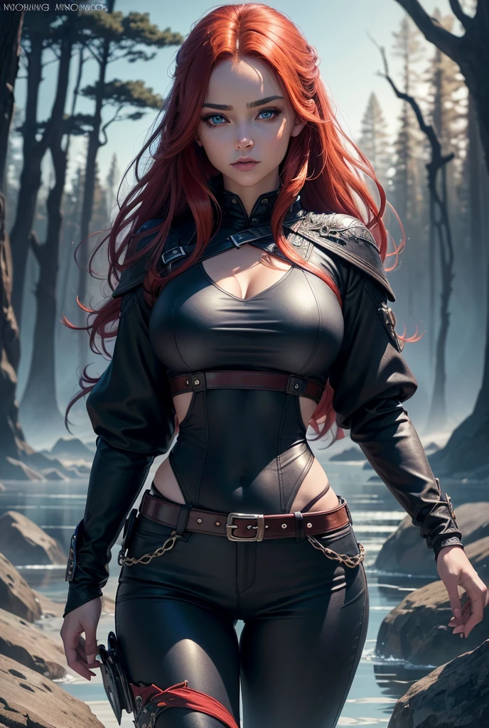Gigi Hadid, beautiful detailed eyes, beautiful detailed lips, extremely detailed face, red hair, sexy, black hooded outfit, lake on forest background, cinematic lighting, dramatic shadows, vibrant colors, photorealistic, 8k, highly detailed, concept art style