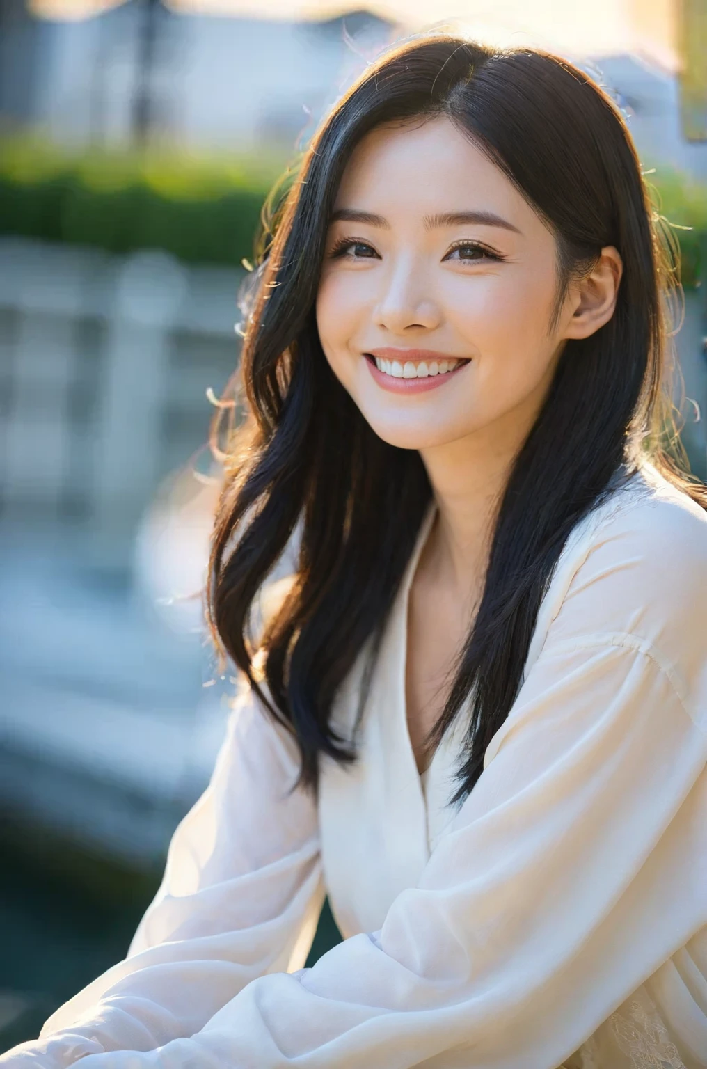 (((One girl,alone))),(Highly realistic photos, High resolution, Detailed face, Beautiful Eyes) Japanese women, 21 years old, Cute face, alone:1, Nice body, Plump figure, Medium chest, ,Hairstyle, Very closely tied, Take a photo book,Dark Sky、darkness、Blade Runner,shirt、Healthy Body,smile