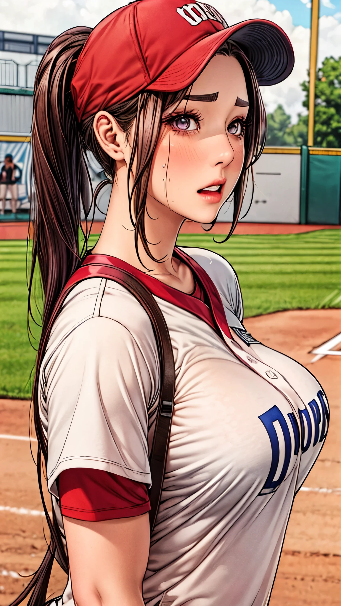 tmasterpiece， highly  detailed， best qualtiy， Ultra-high resolution， 1girll， solo，（Hinata flower proportions：1），Long hair hanging low, Hair Band, Hana's purple eyes, pony tails, Beautiful, Beautiful woman, Perfect body, perfect breastm, Wearing a white baseball shirt, Wearing a baseball cap, On the baseball field, holding a Baseball Bat, view the viewer, Slight smile, Realism, Masterpiece, Textured skin, Super detail, High detail, High quality, Best quality, 1080P, 16k，Big，Be red in the face，Blushlush，perspire，Sweat profusely，There are a lot of water droplets on the face，