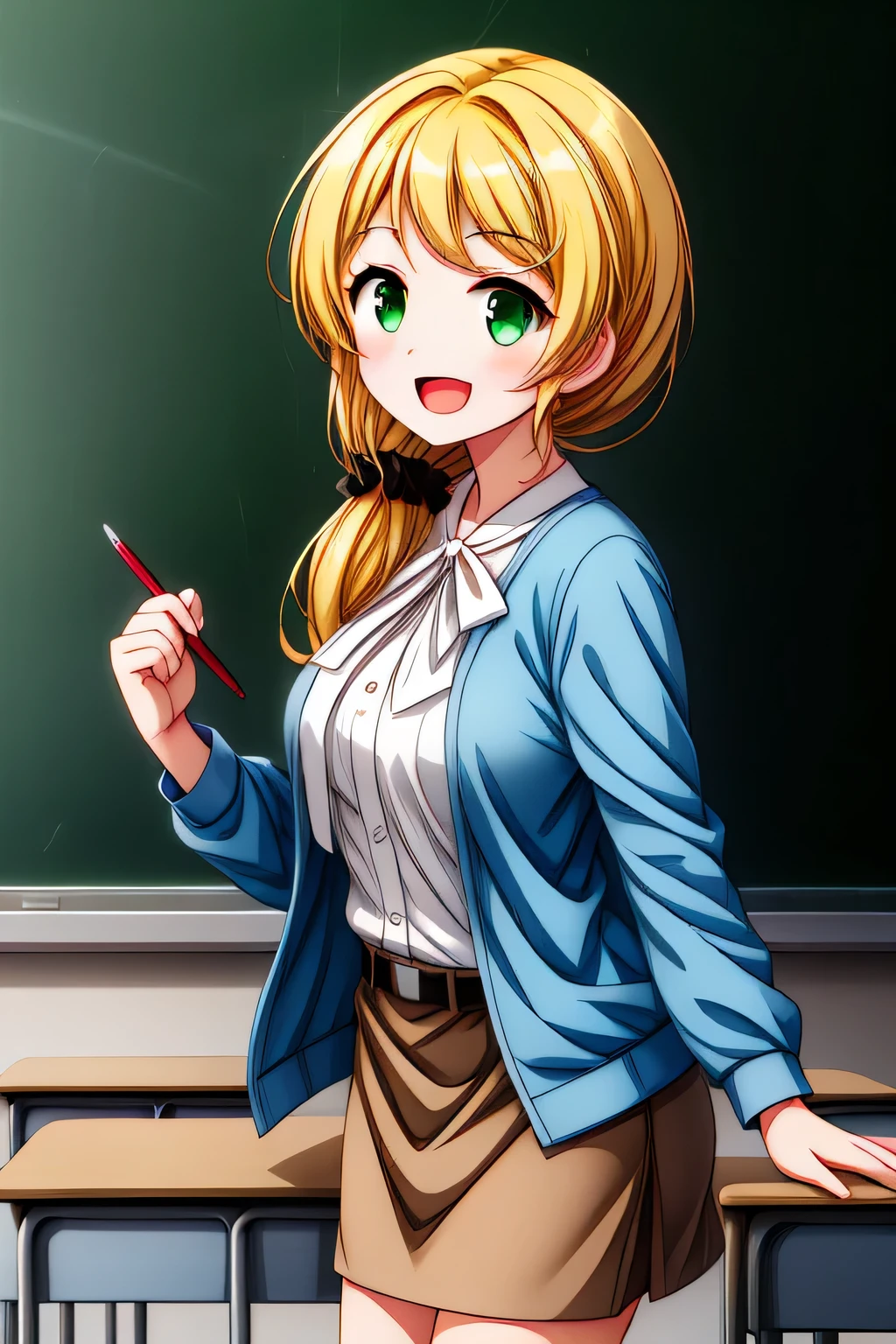 1girl, cowboy shot, classroom, smile, (teacher:1.4), open mouth, 
ellen_baker, green eyes, blonde hair, long hair, hair scrunchie, jacket, white shirt, skirt best quality, masterpiece, highres, side view