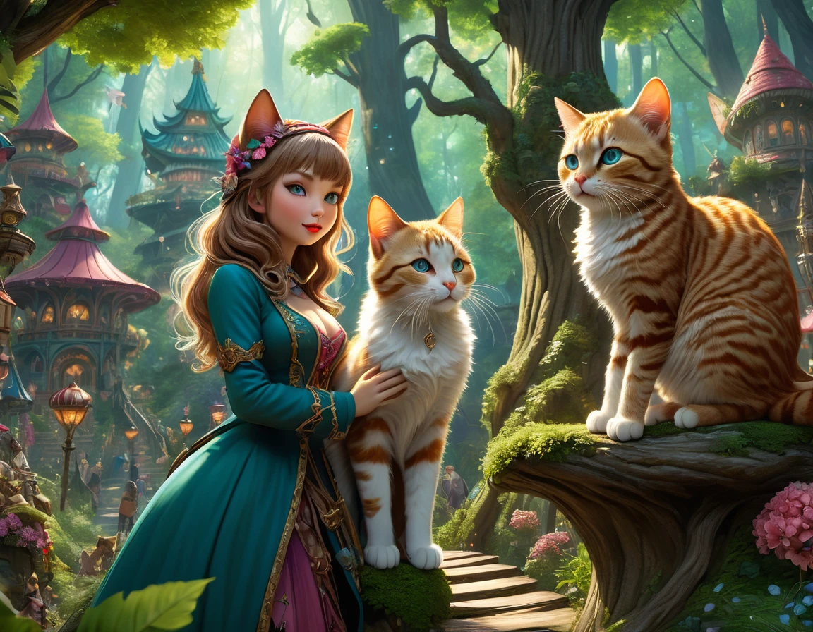 a magical forest amusement park, towering trees, winding paths, hidden cat-themed attractions, cat girls in woodland attire guiding visitors through the park, playful and beautiful cat women roaming, detailed fantasy landscape, 1girl,2girls,beautiful detailed eyes,beautiful detailed lips,extremely detailed eyes and face,long eyelashes,fantasy,whimsical,cute,adorable,kawaii,magical realism,vibrant colors,warm lighting,(best quality,4k,8k,highres,masterpiece:1.2),ultra-detailed,(realistic,photorealistic,photo-realistic:1.37),digital painting,concept art,cinematic lighting