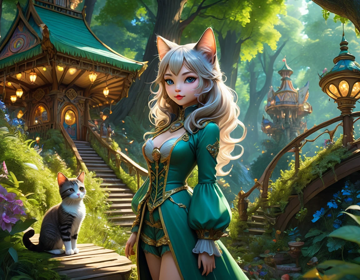 a magical forest amusement park, towering trees, winding paths, hidden cat-themed attractions, cat girls in woodland attire guiding visitors through the park, playful and beautiful cat women roaming, detailed fantasy landscape, 1girl,2girls,beautiful detailed eyes,beautiful detailed lips,extremely detailed eyes and face,long eyelashes,fantasy,whimsical,cute,adorable,kawaii,magical realism,vibrant colors,warm lighting,(best quality,4k,8k,highres,masterpiece:1.2),ultra-detailed,(realistic,photorealistic,photo-realistic:1.37),digital painting,concept art,cinematic lighting