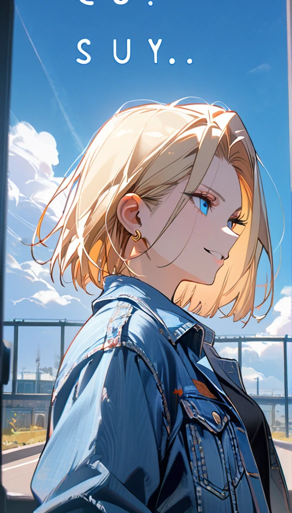 1 Girl, Solitary, Android 18, blond, Blue Eyes, Short hair, Jewelry, earrings, Smile, jacket, Look to the side, Denim, Denim jacket, Upper body, underwear, Shut up, cloud, sky空, sky, looking away, blue sky空, collarb,