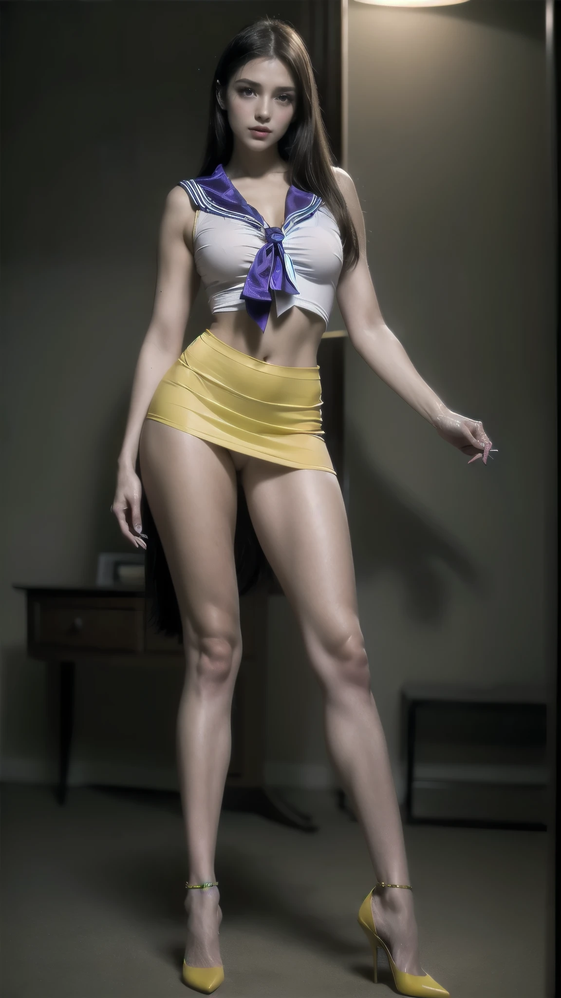  Sailor in a yellow skirt and high heels posing for a photo, cosplay de garota de anime, inspired por Sailor Moon, sailor moon style, O Marinheiro Galaxia. beautiful, A Sailor's Lua. beautiful, por Sailor Moon, cosplay glamouroso, sailor moon!!!!!!!!, anime cosplay, cosplay photo, cosplay advertising, elegant cosplay glamouroso, cosplay, cosplay completo, , body proportions, (Chapped lips:1.4), (blush de nariz:1.2), foreshortening, black cuts, (eye contact), High contrast, ultra high resolution, high resolution, detailed, Clean face,  (sensual face:1.5), (big purple eyes:1.2), (ultra detailed eyes:1.4), (High resolution eyes:1.1), (ultra detailed skin texture:1.4), PERSEPHONE, Persephone, Persephone, (SFW:1.5),  (full body:1.8), (upper body up:0.3), (hyper realistic:1.4), (realistic:1.3), (best quality real texture skin), Detailed eyes, detailed face,

