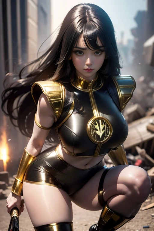 1mulher, Super detail, best quality,  High Resolution , reflective light, Power Ranger,Ranger Branco, A girl, (long black hair), large firm breasts, (Very shiny suit), ((Nylon fiber suit)), ((Destroyed Cities)), (blush platinum-colored), smile, seminua, legs open, thin waist, long hair tied back, black short shorts, black knee-high boots, black thigh-high pantyhose, showing the thighs, thick thighs, perfect body, Athletic body, heroic pose