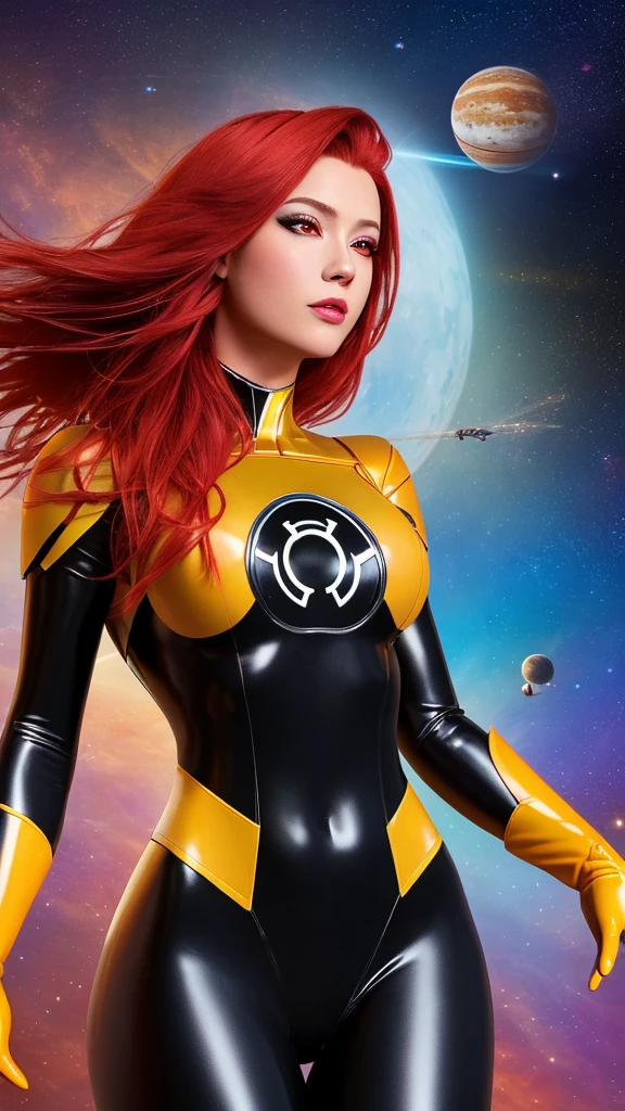 masterpiece, best quality, 1girl, redhead, red eyes, pink skin, yellow lantern costume, white gloves, planet space background, cinematic lighting, volumetric lighting, dramatic shadows, muted color palette, detailed face, intricate costume design, floating, ethereal, whimsical, magical, fantasy