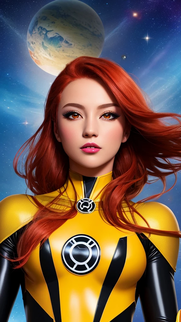 masterpiece, best quality, 1girl, redhead, red eyes, pink skin, yellow lantern costume, white gloves, planet space background, cinematic lighting, volumetric lighting, dramatic shadows, muted color palette, detailed face, intricate costume design, floating, ethereal, whimsical, magical, fantasy