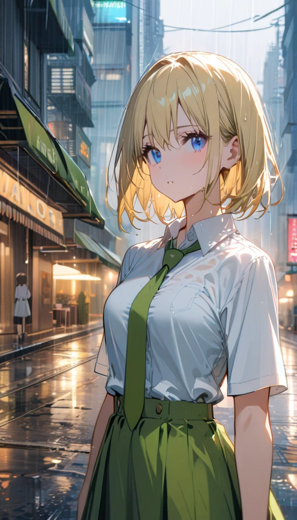 1 Girl, blond, Short hair, Blue Eyes, White shirt, Green tie, Green Skirt, City, rain,  detailed background  