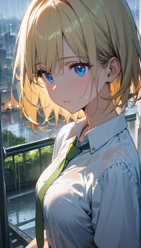 1 Girl, blond, Short hair, Blue Eyes, White shirt, Green tie, Green Skirt, City, rain,  detailed background  