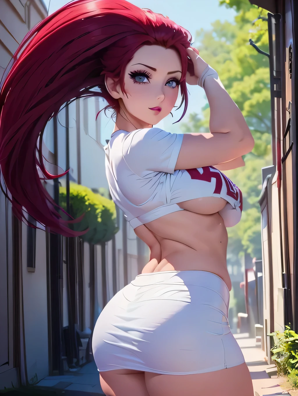 ((1 girl)), beautiful girl alone,  lifting shirt , (aci . what's on the chest ), (( red hair combed back, long hair)),(([shocked face])), large blue eyes, red lipstick, (( blushed face)), perfect body, Team Rocket, to hide, (( tight white short top )), ((tight white skirt)), thighs, legs open, elbows gloves, work of art,  High Resolution , clear image,  open field scenery , sunny day, ((blurred background:1.3)), ((front view))