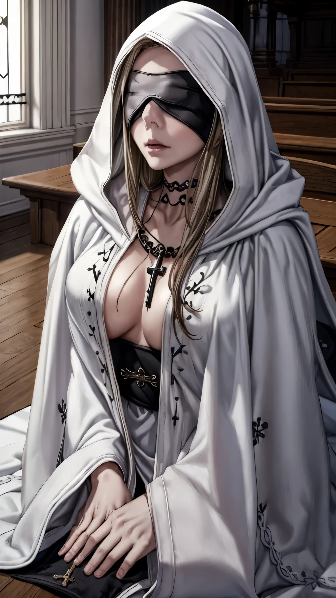 Old woman, (((white cloak, black embroidery))), wide waist, ((pale face)), Church, brunette, (((blindfold))), ((praying)), wearing cross necklace