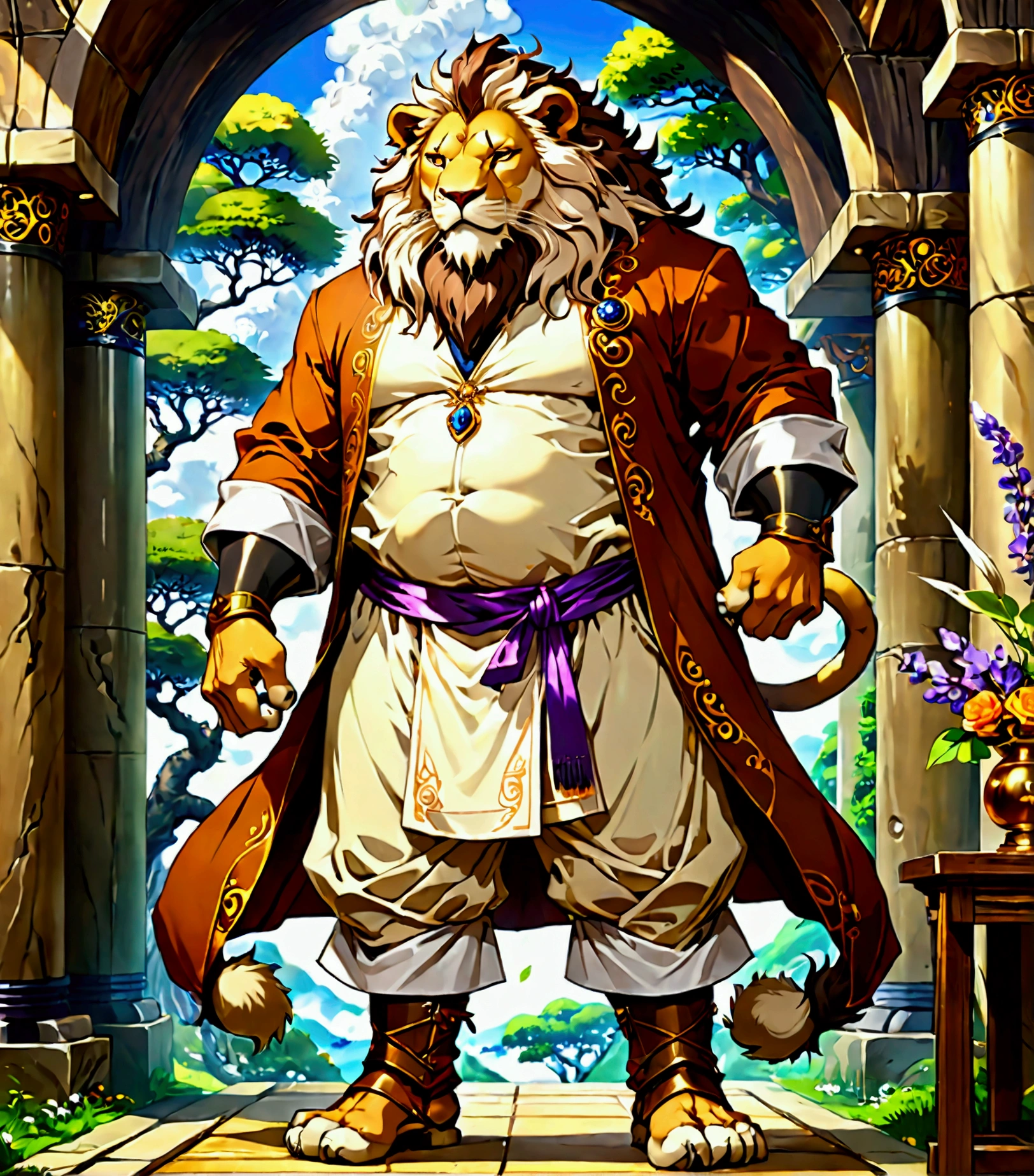 alchemist, a plump middle-aged lion man, full body in Michelangelo Buonarroti style, digital illustration anime, character focus, full body, looking away, dynamic angle, BREAK complete anatomy, perfect proportions, beautiful thigh gap, fluffy body, intricate fur details, beautiful fur texture, BREAK detailed elegant lion tail, detailed boots, beautiful foot, detailed hands, 5fingers, 5fingers nails, BREAK aesthetic anime face, insanity detailed face, male face, big face, square jawline, aesthetic anime eyes, detailed brown eyes, detailed brown cornea, detailed dark brown irises, detailed pupils, male eyes, big eyes, male eyebrows, innocent look, beautiful beard, BREAK little smile, alchemy robe, standing, (shaking a test tube), elegant pose, [simple background::12], alchemy shop, indoor, BREAK masterpiece, official art, best quality, very aesthetic, absurdres, super fine illustration, great quality, BREAK noise reduction, very highres, large filesize, high quality, 32K, 8k wallpaper, dynamic lighting, BREAK insanity detailed, ultra detailed, intricate details, extremely detailed, detailed texture, an extremely delicate and beautiful, full color, HDR, BREAK e621 uncut tag, Fur Affinity illustration, osukemo, kemohomo, anthropomorphic, furry, cartoon, harmonious, virtuous, pastoral atmosphere