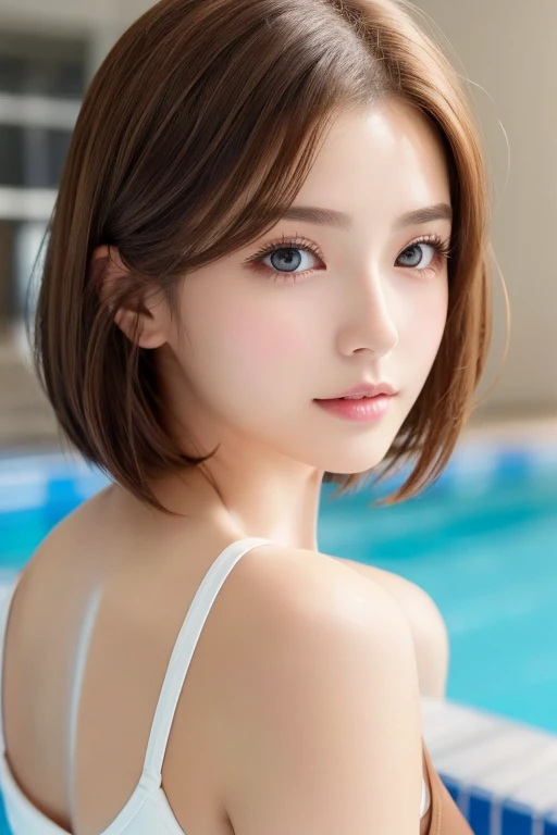 (best qualtiy,4K:1.3),hyper realisitic,(Colossal tits: 1.2), Cheerful woman ,1Man Woman, short-hair, selfee, poolparty,Detailed eyes,二重まぶた,Sensual dress with low collar,hanging breasted,Super Detailed Face,Detailed lips