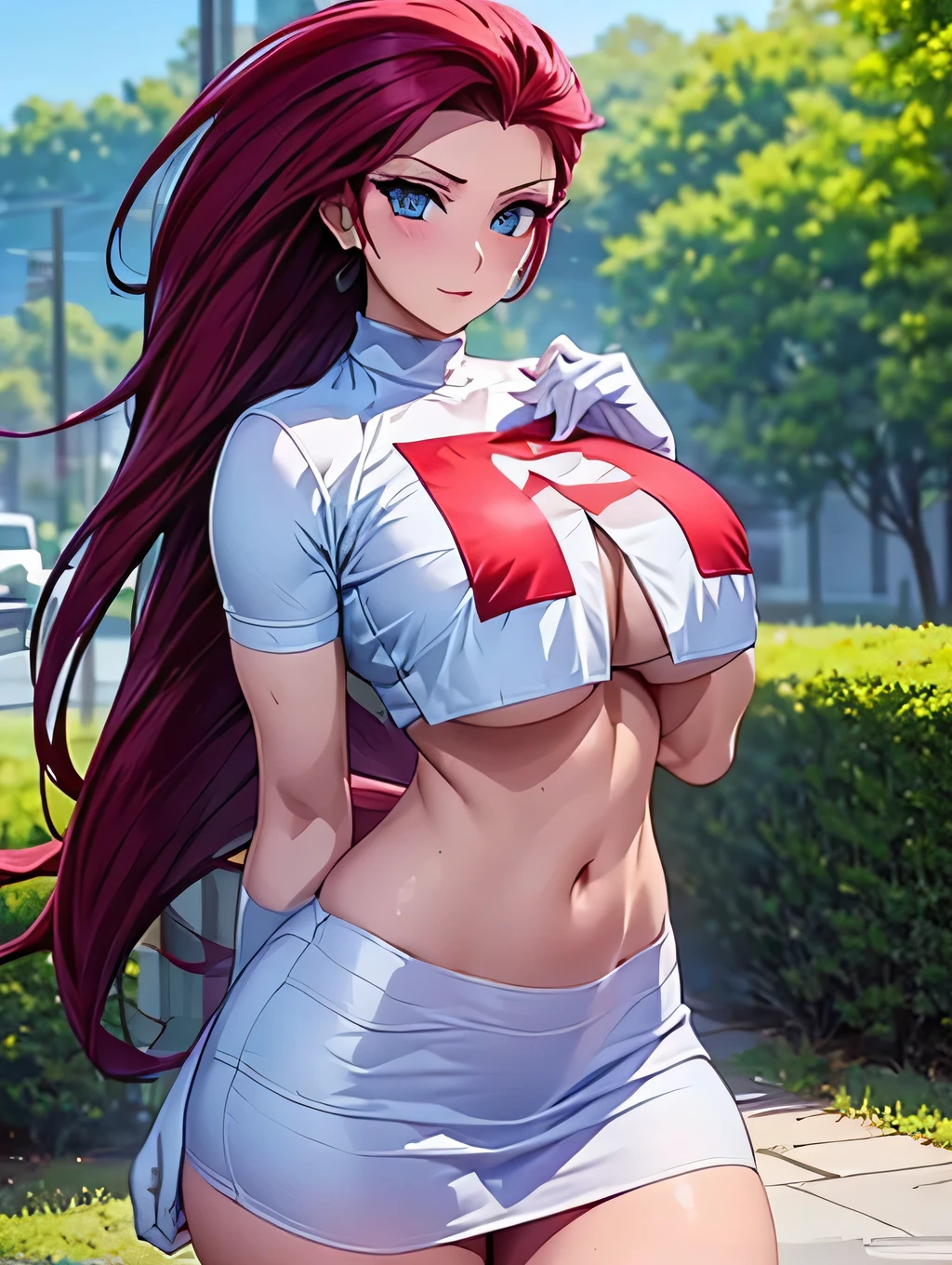 ((1 girl)), beautiful girl alone,  lifting shirt , (aci . what's on the chest ), (( red hair combed back, long hair)),(([shocked face])), large blue eyes, red lipstick, (( blushed face)), perfect body, Team Rocket, to hide, (( tight white short top )), ((tight white skirt)), thighs, legs open, elbows gloves, work of art,  High Resolution , clear image,  open field scenery , sunny day, ((blurred background:1.3)), ((front view))