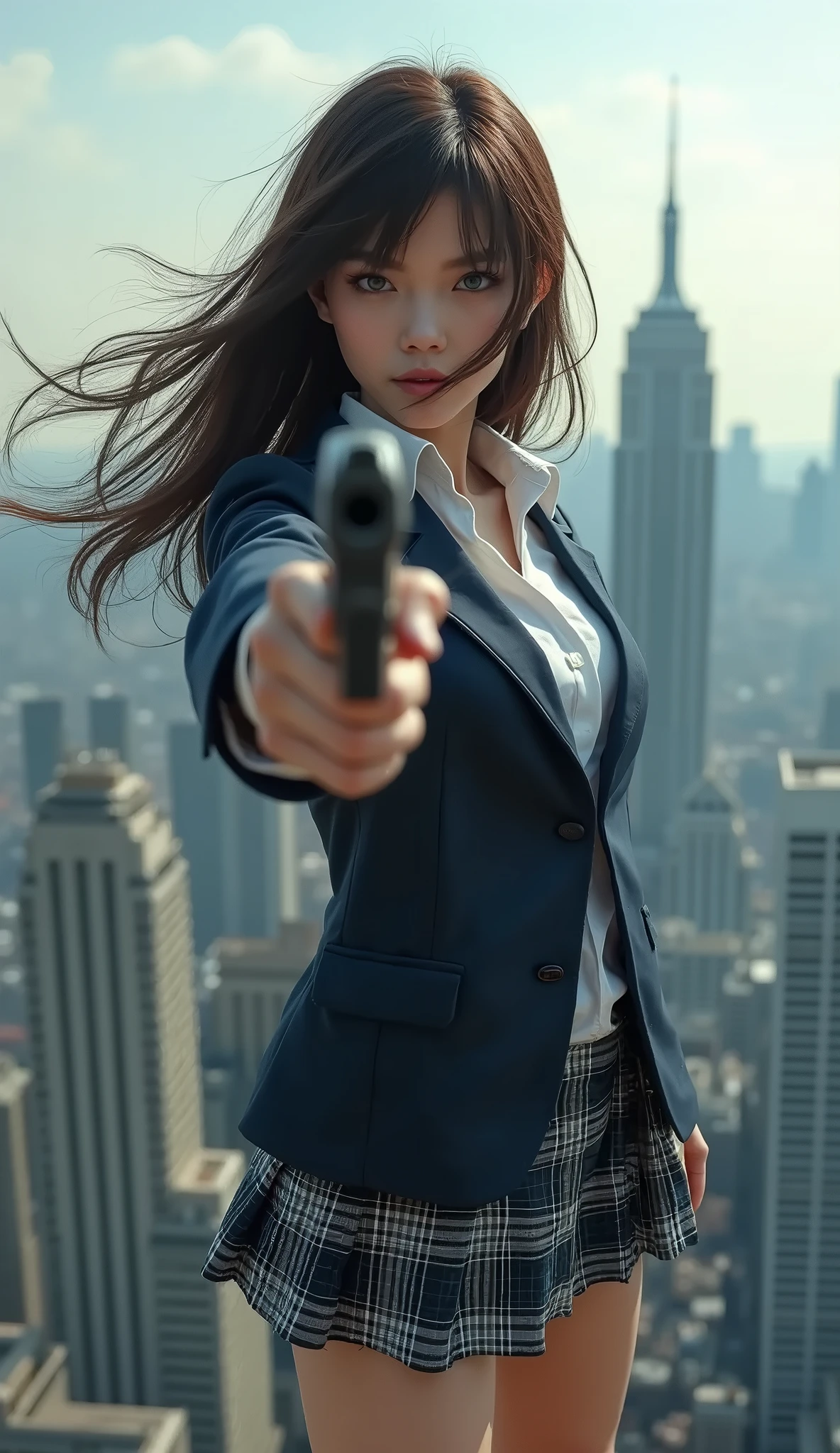 One Japanese girl、Super beautiful、Facial beauty、Standing、 high school uniform 、Navy blue jacket、White shirt、tie、Plaid Miniskirt 、Brown hair、Heavy make-up、Skyscraper rooftop、The wind is blowing、 She's Looking Seriously at the Gun、 Thigh Shot 、pointing pistol