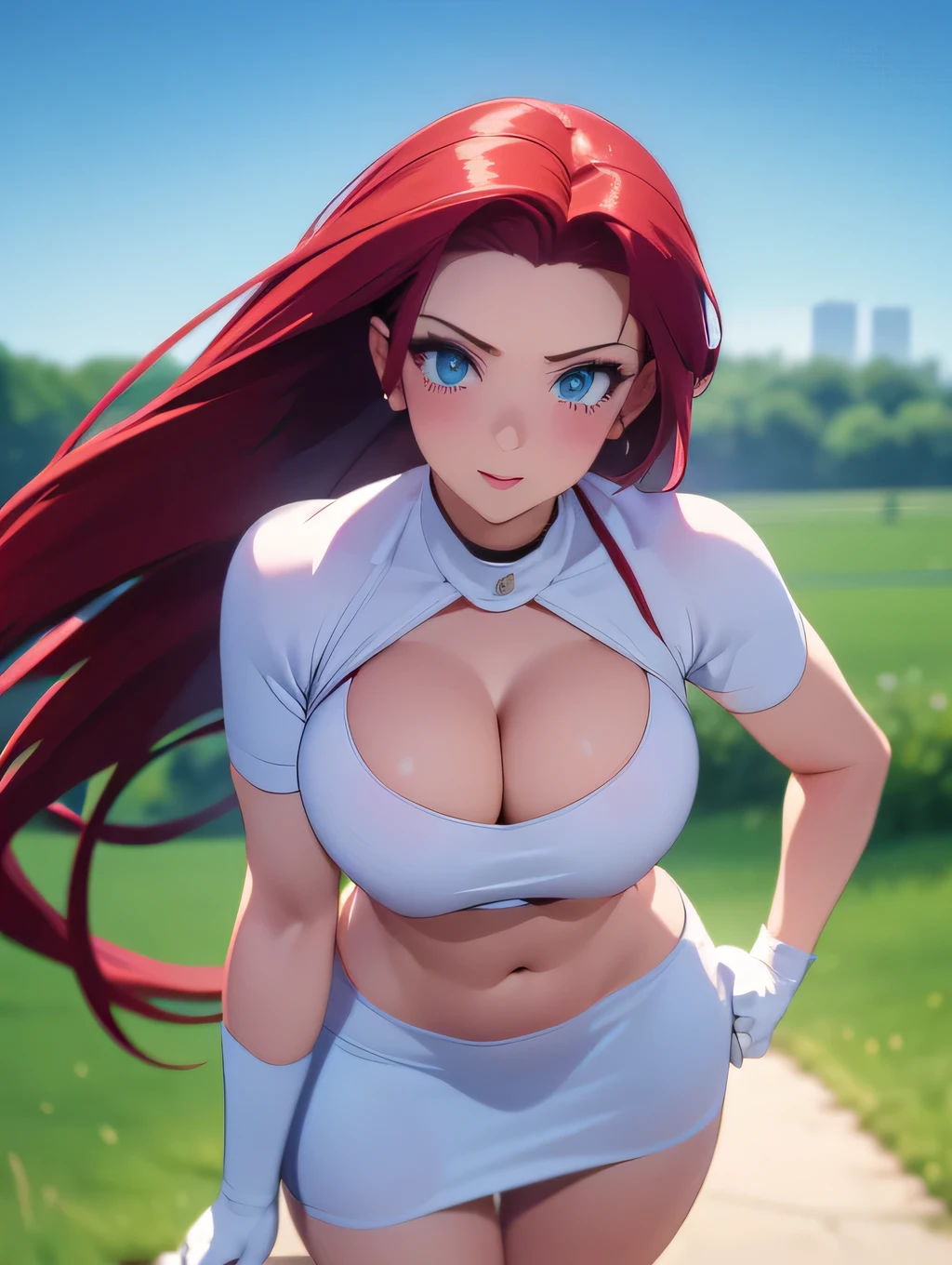 ((1 girl)), beautiful girl alone,  lifting shirt , (aci . what's on the chest ), (( red hair combed back, long hair)),(([shocked face])), large blue eyes, red lipstick, (( blushed face)), perfect body, Team Rocket, to hide, (( tight white short top )), ((tight white skirt)), thighs, legs open, elbows gloves, work of art,  High Resolution , clear image,  open field scenery , sunny day, ((blurred background:1.3)), ((front view))