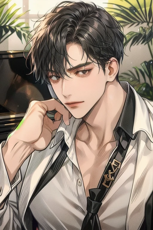 (best quality、Masterpiece、 high resolution、detailed)、( beautiful animation)、male 1, One person, person,Long and thin eyes,bright skin, Handsome,Average build, aggro, charming,black hair,short hair,black eyes, school uniform, Striped ties, semi_realistic, playing piano, school