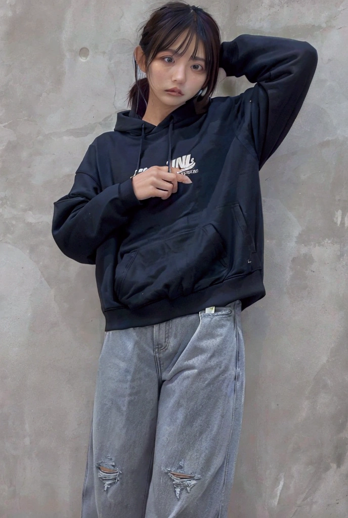 Japanese woman wearing VANS hoodie and black denim