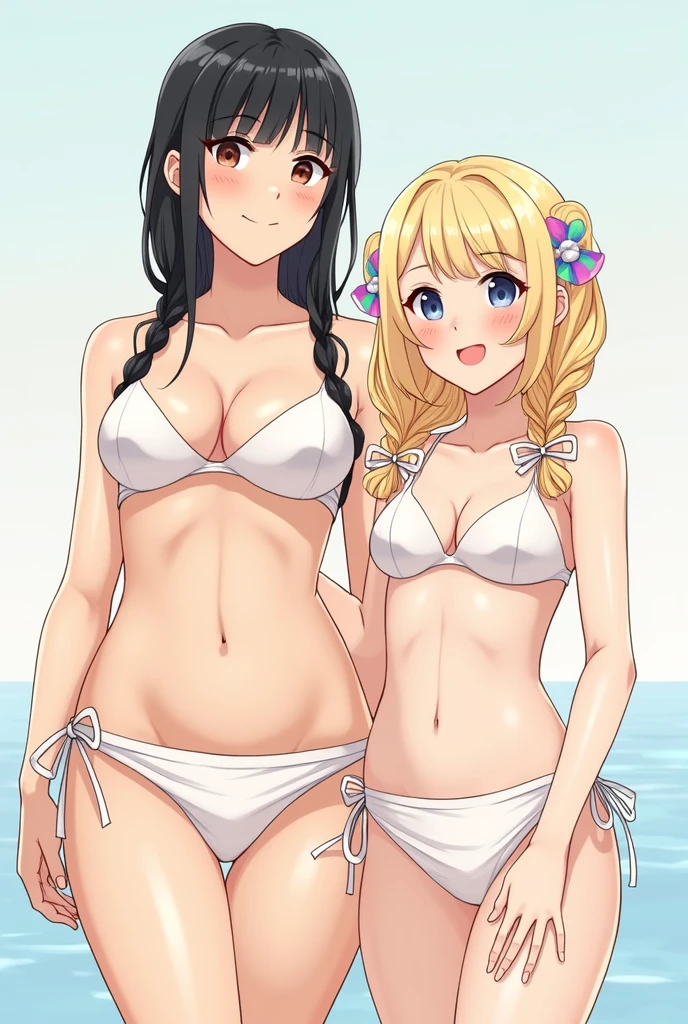 ((sexy 2girl ,gyaru))nsfw,glamorous, voluptuous, beach,lerection of nipple,cowboy shot,,black bun hair, 
excessive cum,embarrassed, flushed, flushing, flushed cheeks, flushed face, bashful, ashamed, blushing,love juice,frilled one-piece-swimsuit, hime cut black hair,condom belt