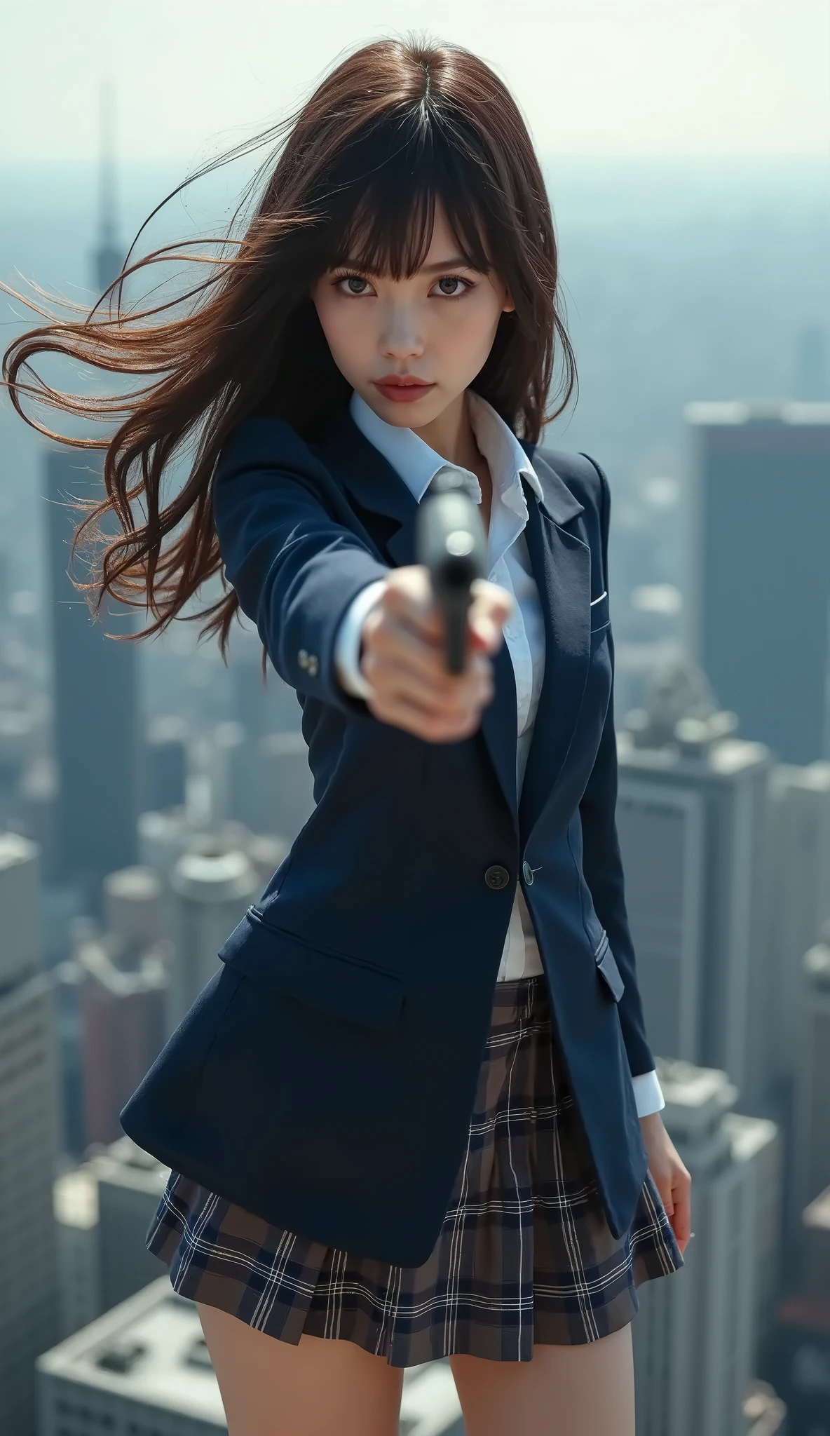 One Japanese girl、Super beautiful、Facial beauty、Standing、 high school uniform 、Navy blue jacket、White shirt、tie、Plaid Miniskirt 、Brown hair、Heavy make-up、Skyscraper rooftop、The wind is blowing、 She's Looking Seriously at the Gun、 Thigh Shot 、pointing pistol