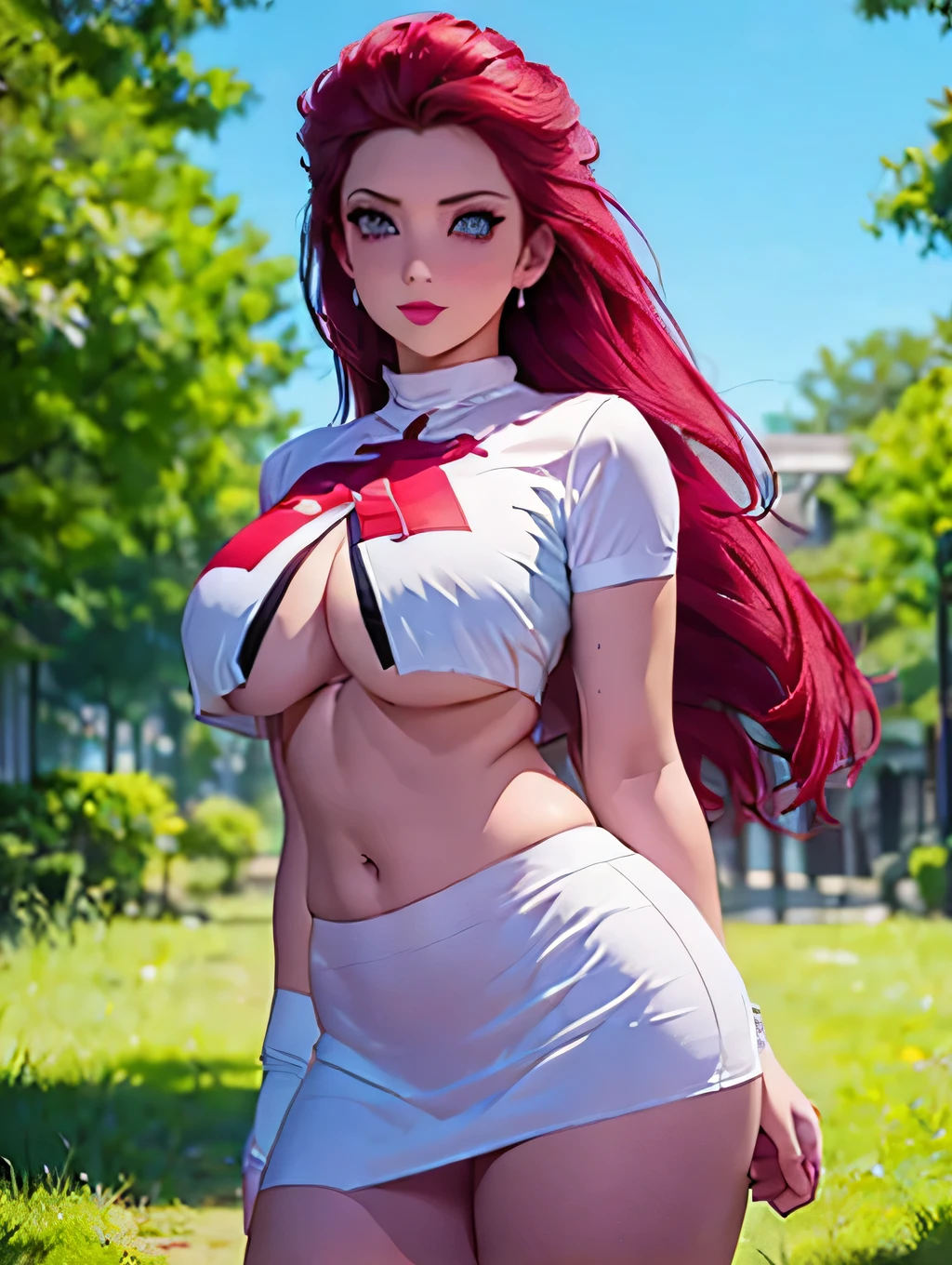 ((1 girl)), beautiful girl alone,  lifting shirt , (aci . what's on the chest ), (( red hair combed back, long hair)),(([shocked face])), large blue eyes, red lipstick, (( blushed face)), perfect body, Team Rocket, to hide, (( tight white short top )), ((tight white skirt)), thighs, legs open, elbows gloves, work of art,  High Resolution , clear image,  open field scenery , sunny day, ((blurred background:1.3)), ((front view))