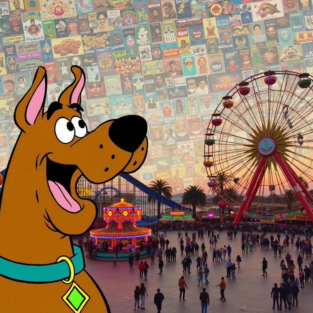 (wordless) comic cel shaded kitsch, homemade, blend of mixed media, sense of depth heights, layered composite obscure memes ontop of layer of obscure memes, cohesive minimal collage, comic overlaid on photo, photo background blend of memes, comic scooby doggo overlaid on modern-day meme backgrounds.  amusement park, scooby doo, overjoyed for spooky season. unable to express maximal emotion, overwhelming, unknown, intense, blend of memes in sky, photo blend memes background