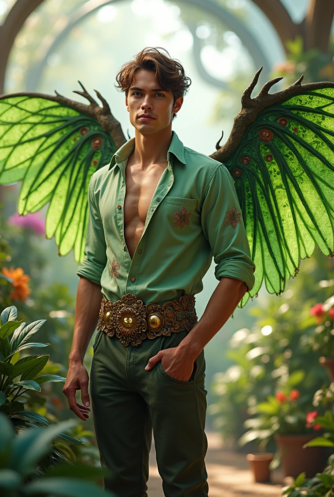 Cute male fairy man with blue and orange details, large wings, forest in background, vibrant colors, full body, detailed face, detailed hands, detailed legs, detailed fingers, detailed hair, detailed eyes, detailed skin, lush vegetation blurred background, vibrant colors, lush light, soft light, sunset light, smooth light, symmetrical, full body, reflections, dynamic HDR lighting, 8k resolution, cinematic film, smooth, sharp focus, realistic, strobe light beams, ((blurred background)):1.7, (((depth of field)) ):1.8, cinestill 800t 35mm, high quality, heavy grain, high detail, cinematic composition, dramatic light, anamorphic, ultra wide lens, hyperrealistic --auto