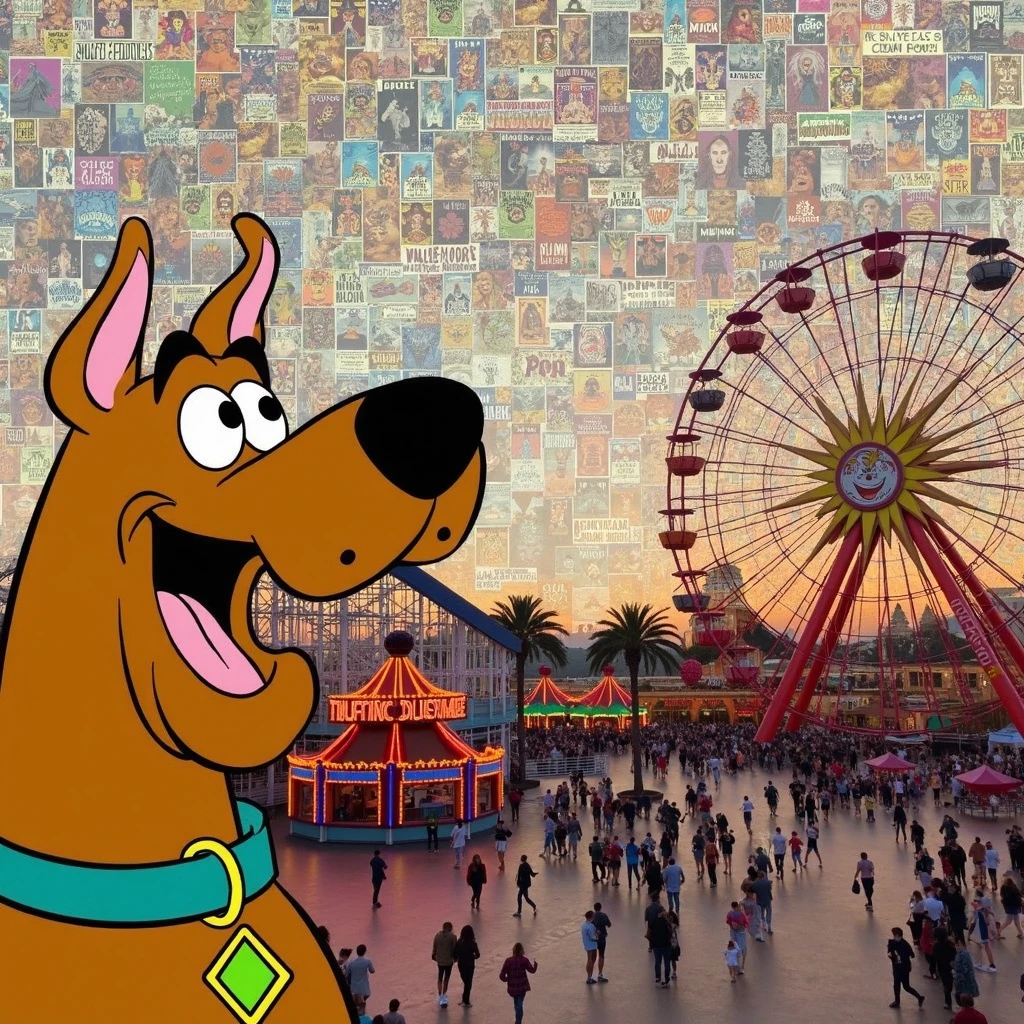 (wordless) comic cel shaded kitsch, homemade, blend of mixed media, sense of depth heights, layered composite obscure memes ontop of layer of obscure memes, cohesive minimal collage, comic overlaid on photo, photo background blend of memes, comic scooby doggo overlaid on modern-day meme backgrounds.  amusement park, scooby doo, overjoyed for spooky season. unable to express maximal emotion, overwhelming, unknown, intense, blend of memes in sky, photo blend memes background