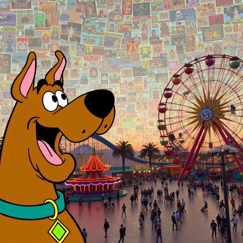 (wordless) comic cel shaded kitsch, homemade, blend of mixed media, sense of depth heights, layered composite obscure memes ontop of layer of obscure memes, cohesive minimal collage, comic overlaid on photo, photo background blend of memes, comic scooby doggo overlaid on modern-day meme backgrounds.  amusement park, scooby doo, overjoyed for spooky season. unable to express maximal emotion, overwhelming, unknown, intense, blend of memes in sky, photo blend memes background