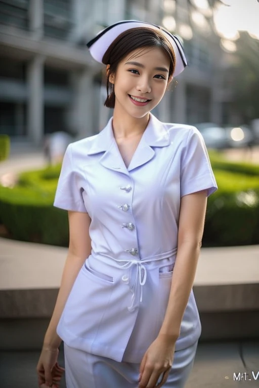 (Urzan-6500-v1.1, masterpiece, Highest quality:1.3, Ultra high definition 8K:1.2, hyperRealistic:1.35, RAW Photos:1.2, Highest quality, High resolution, wallpaper, Realistic, dramatic, Realistic painting art by midjourney:1.3, 1 Thai female nurse, 25 years old, White nurse uniform, Knee-length white tight skirt:1.3, Walking in the hospital, so beautiful, Beautiful Skin, Detailed face, Symmetrical face, double eyelid, Beautiful and detailed, Friendly kind smile, Beautiful glossy lips, I chipped a tooth, Very short bob hair, Accentuate your body lines, Perfect Style, cowboy_shot, Bokeh Background, morning dawn, Natural soft light)