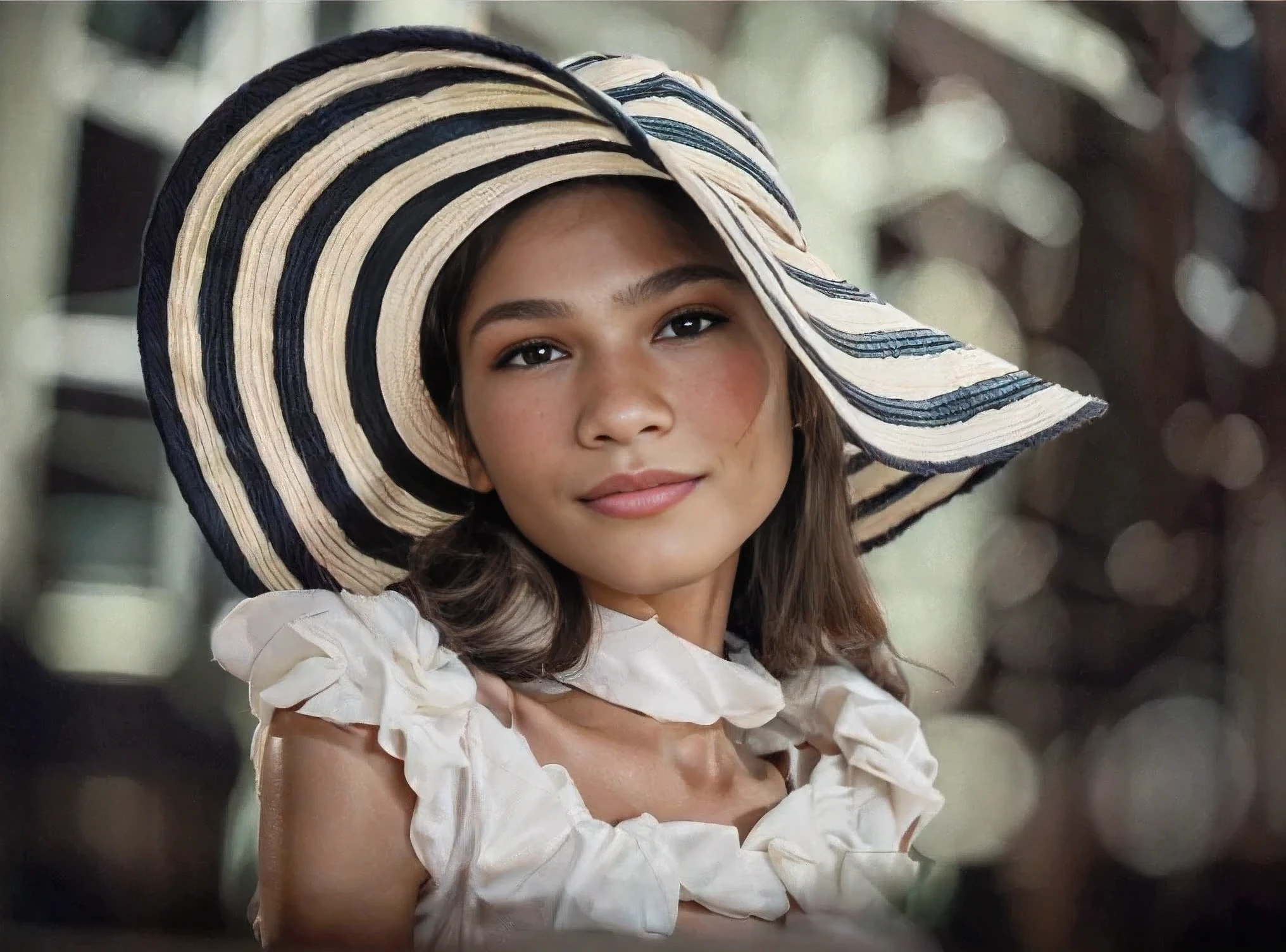 (zendaya:.4), (32k:1.5, Highest quality, masterpiece, Ultra-high resolution), Professional camera work:1.6, Highly detailed skin and face textures:1.3, Captivating portrait:1.2, Very accurate, Very detailed, 1 adult female, Incredibly slim body, sense of loss, Sadness, Expressions of sadness,  Small face, (()), (medium shot), (smile)